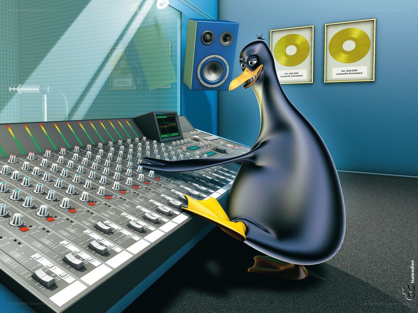 Penguin in a recording studio