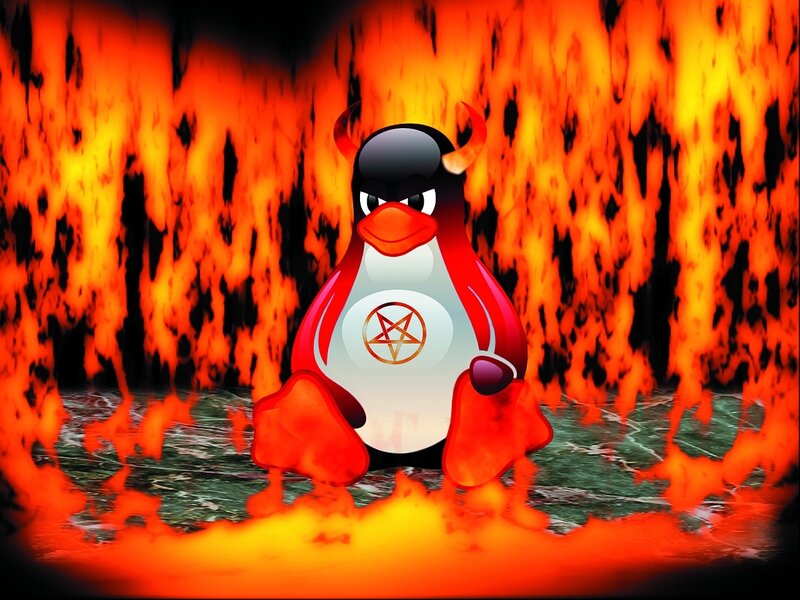 penguin in hellish flames
