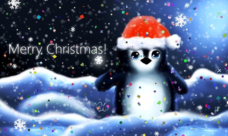 Penguin in Snow — Blue, Festive, Winter, Digital Art
