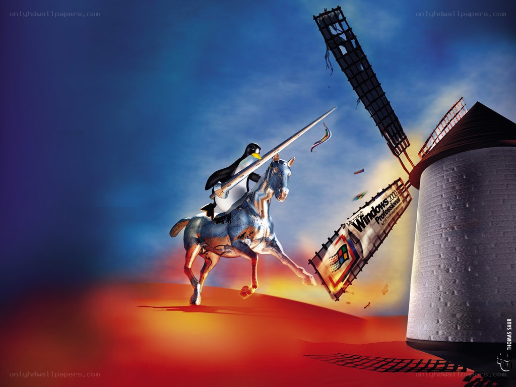 Penguin knight attacks windmill