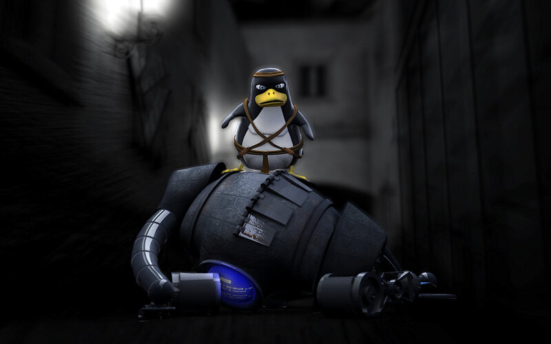 penguin on robot in alley