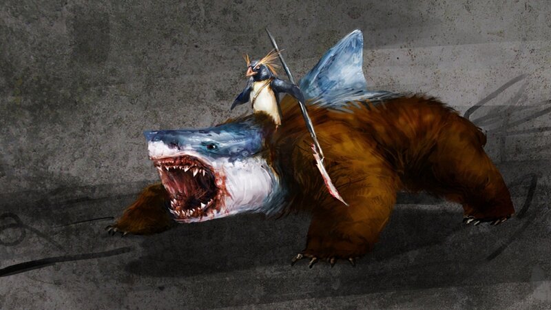 penguin riding shark-bear hybrid