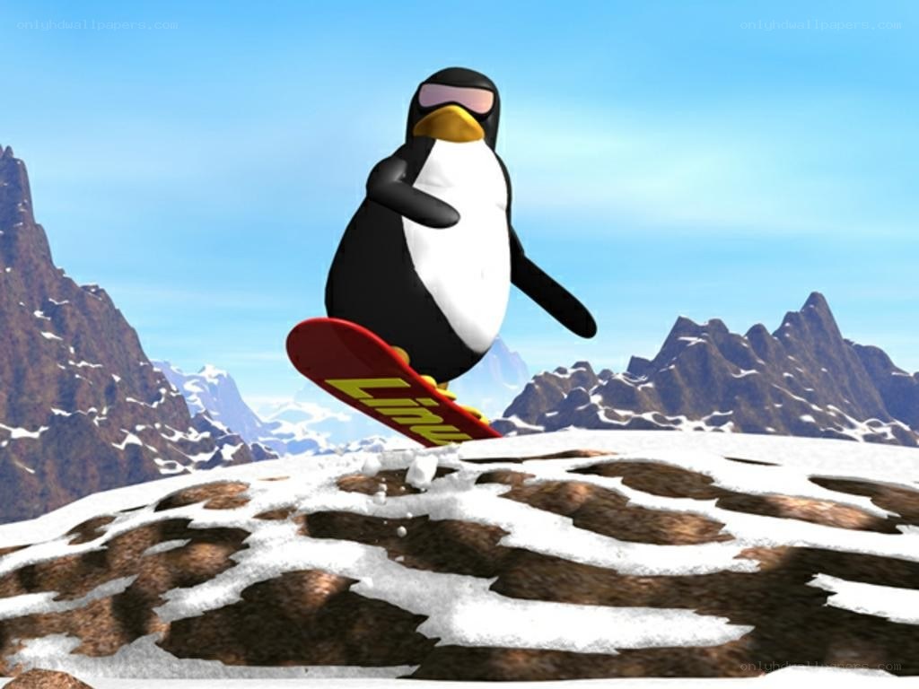 penguin snowboarding on mountain