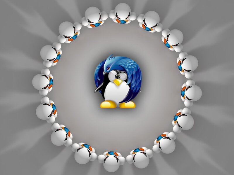 Penguin surrounded by spheres