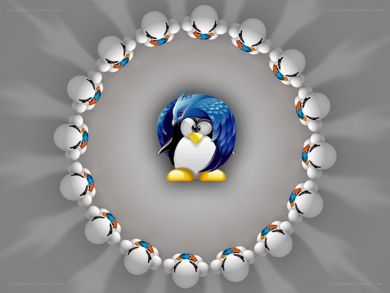 Penguin surrounded by spheres