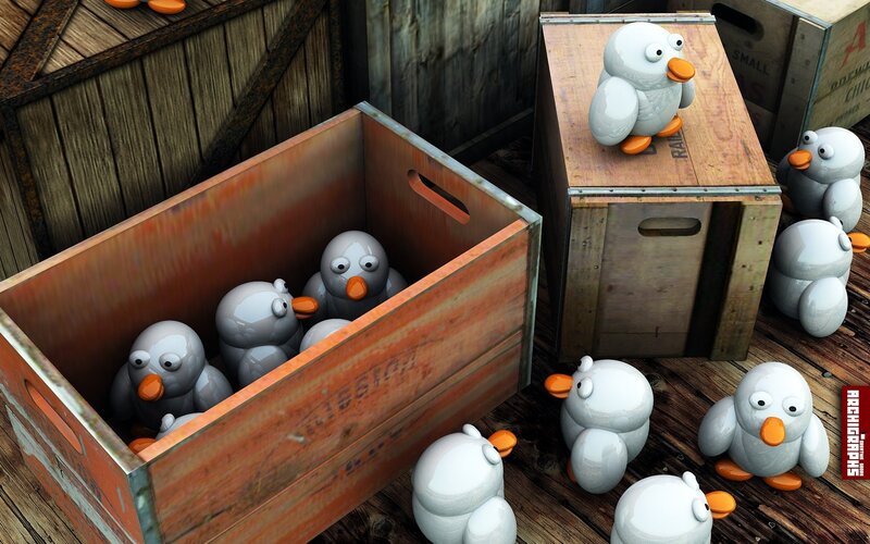 Penguin toys in wooden crates