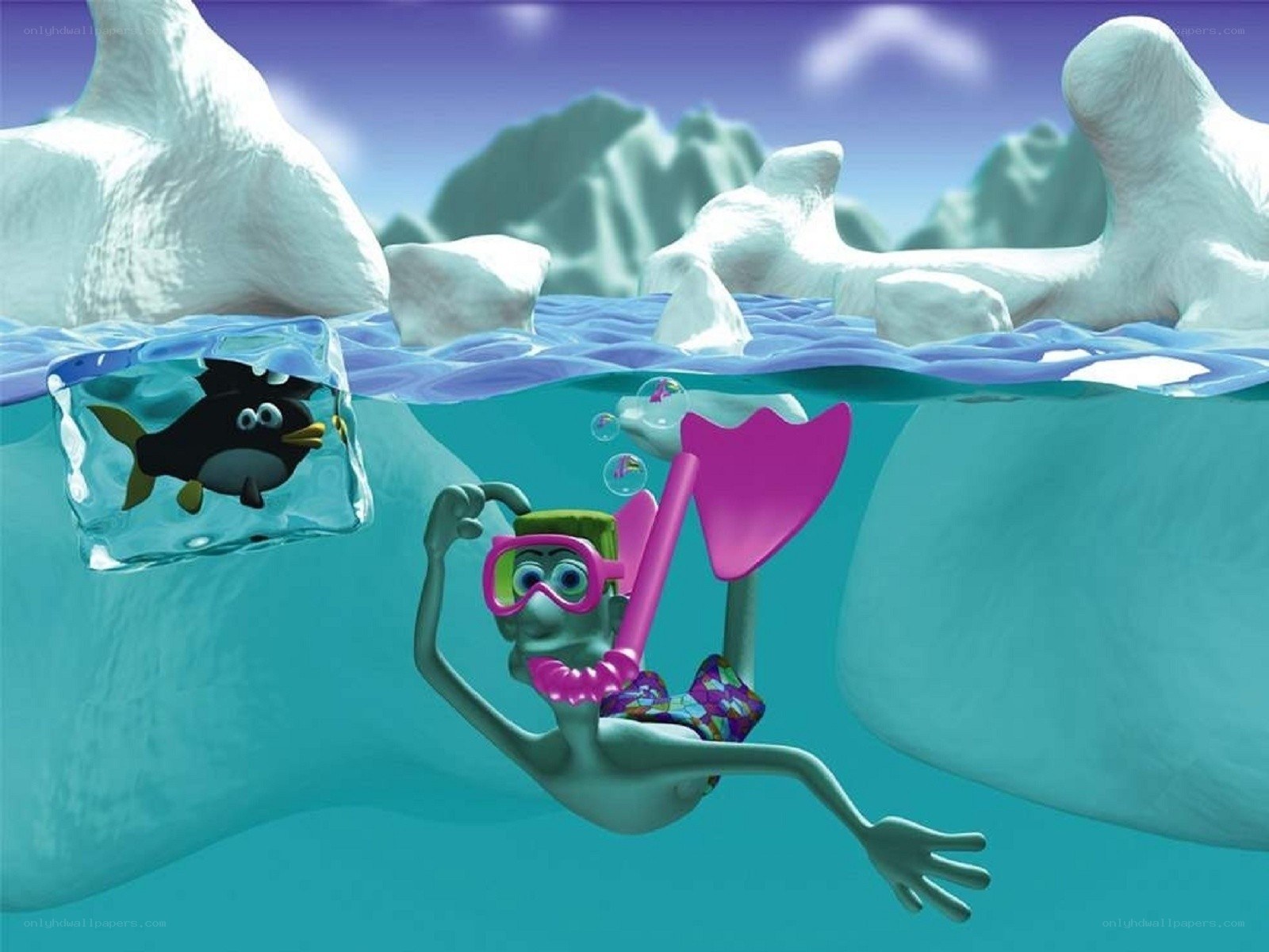 penguin trapped in ice underwater