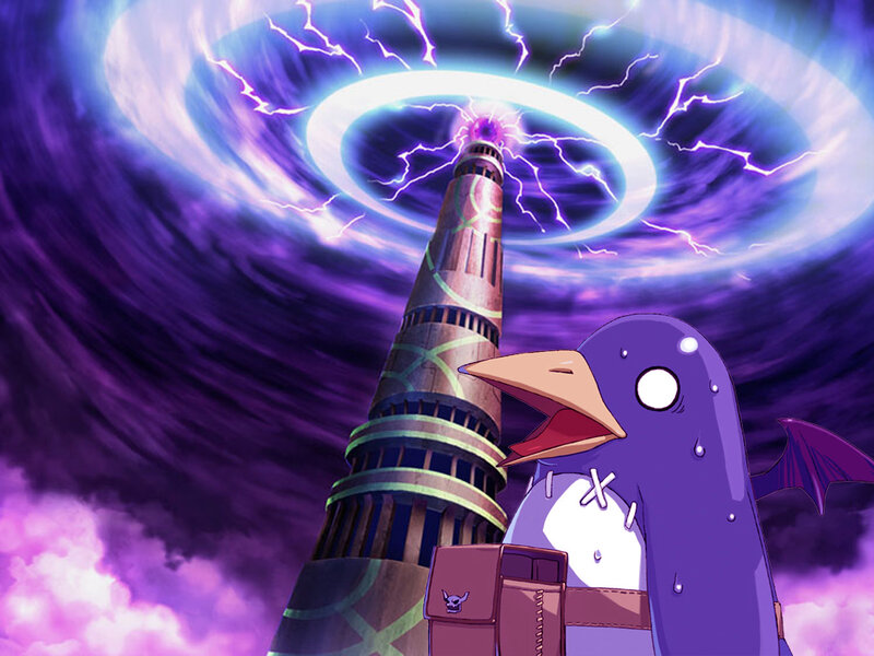 Penguin watches stormy tower