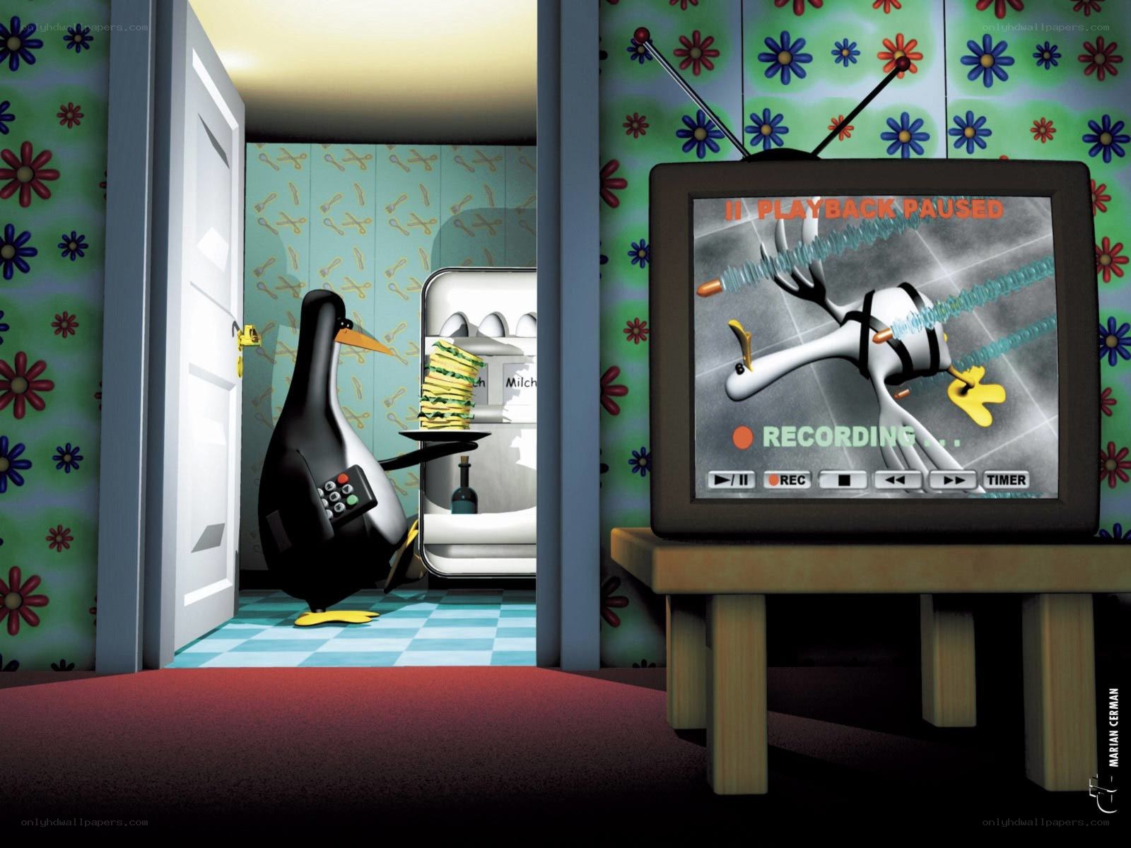 penguin watching TV in kitchen