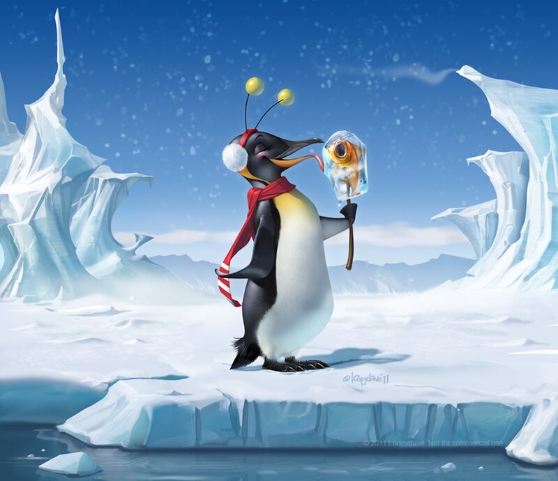 Penguin with Fish in Ice — Blue, Playful
