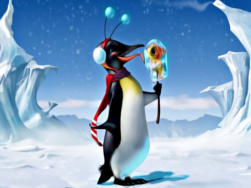 Penguin with Fish in Ice — Blue, Playful, Winter
