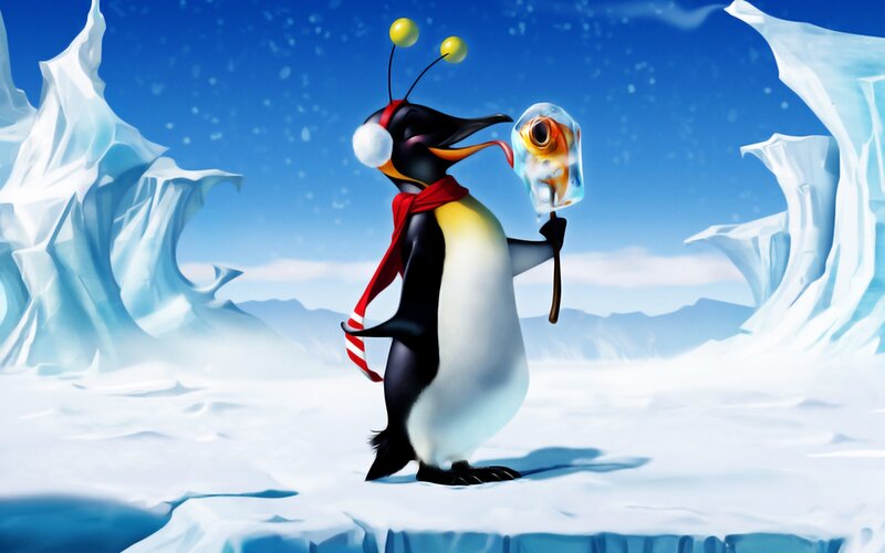 Penguin with Fish in Ice — Blue