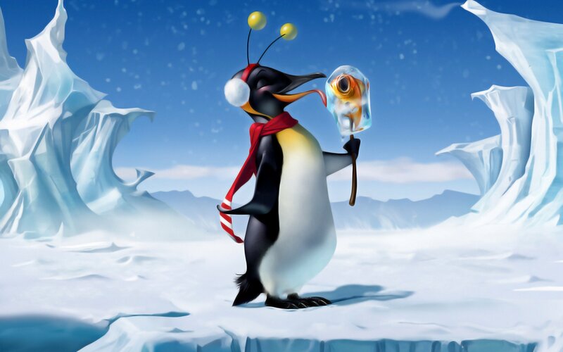 penguin with fish in ice