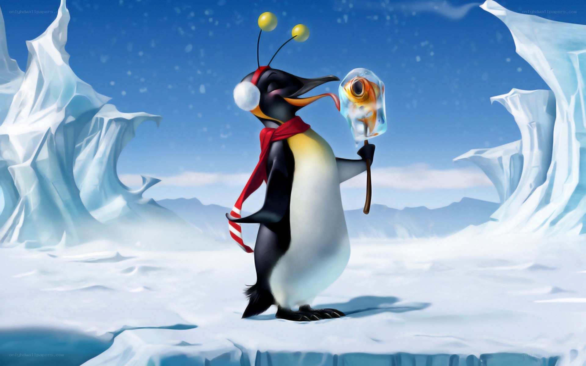 penguin with frozen fish