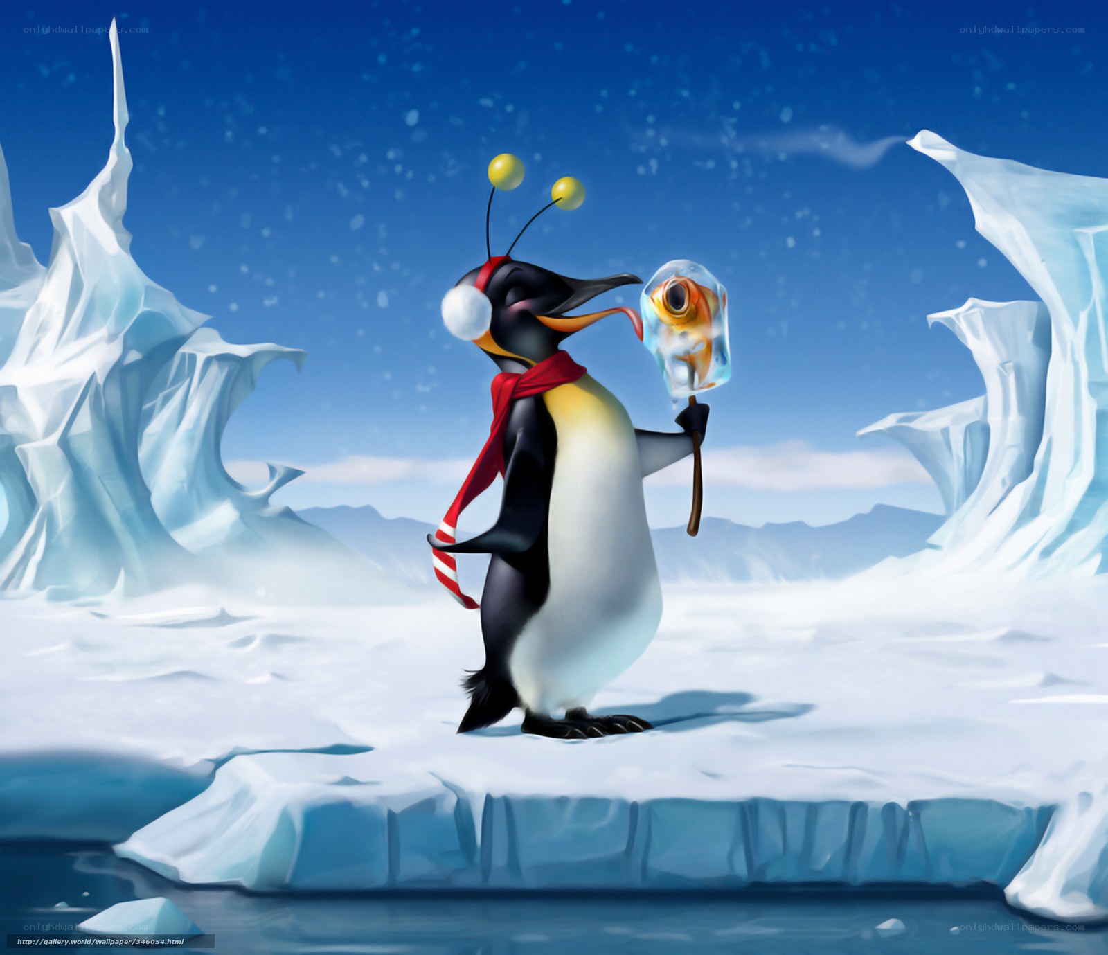 penguin with frozen fish