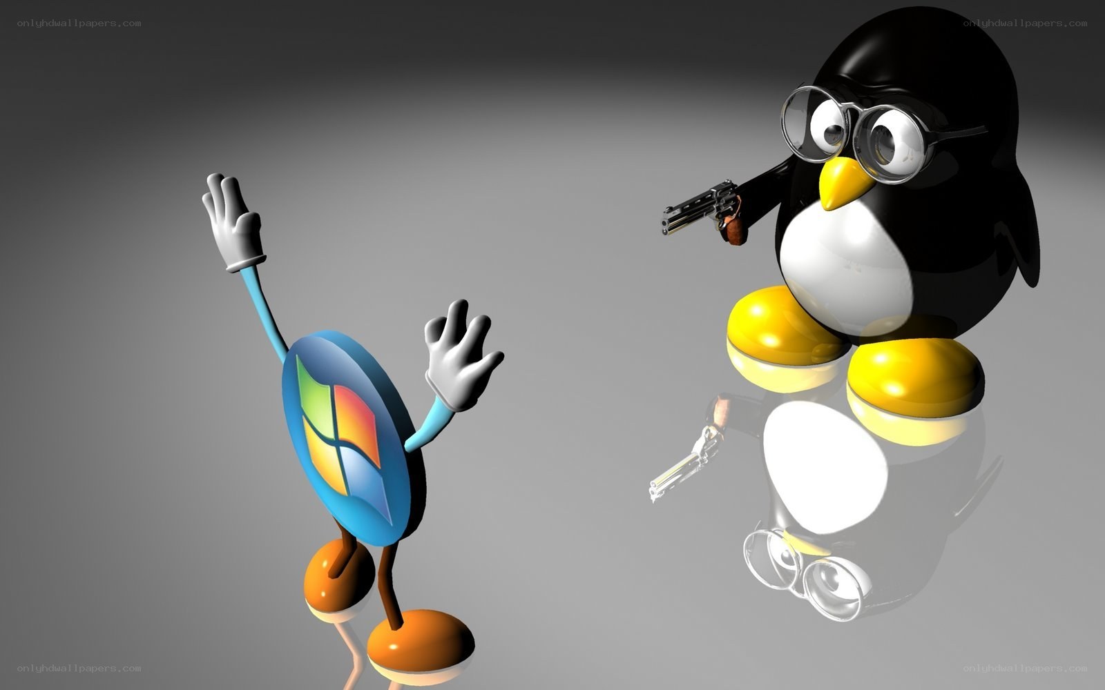 Penguin with gun vs Windows mascot