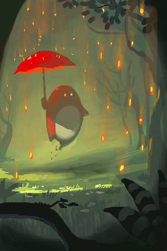 Penguin with red umbrella