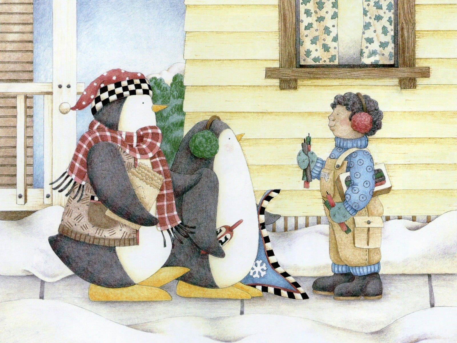 Penguins and a child in winter