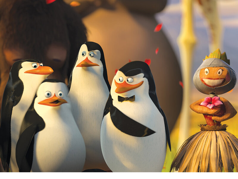 Penguins and a hula dancer