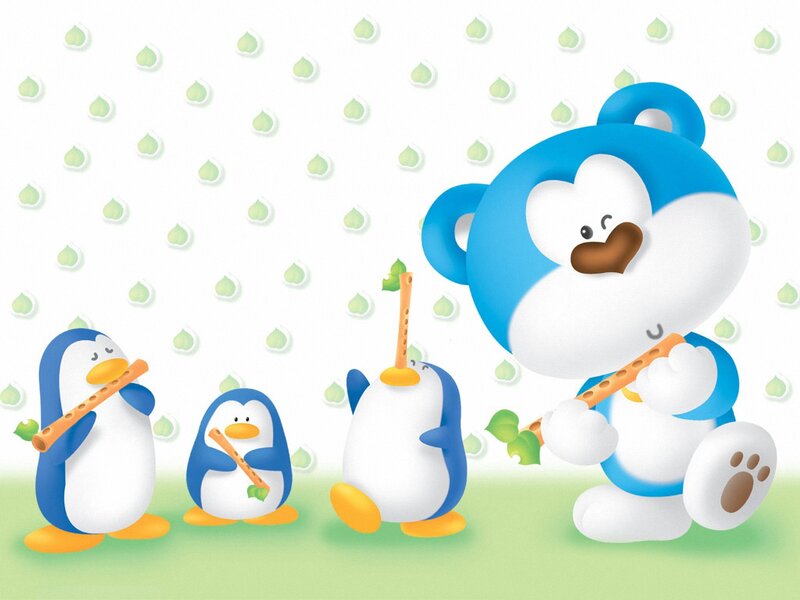 Penguins and Bear Playing Flutes