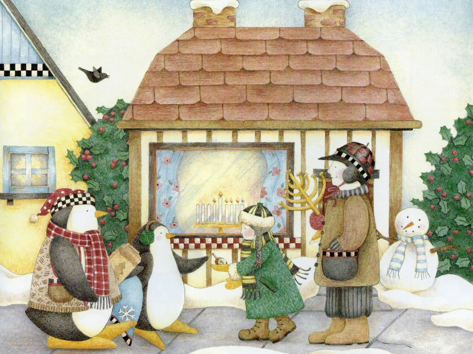 Penguins and children celebrating Hanukkah