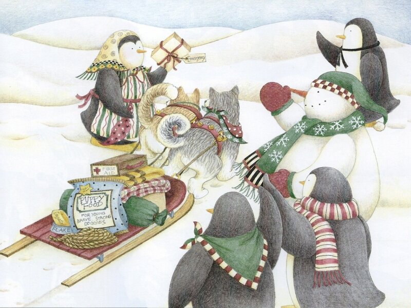 Penguins and Dogs in Snow
