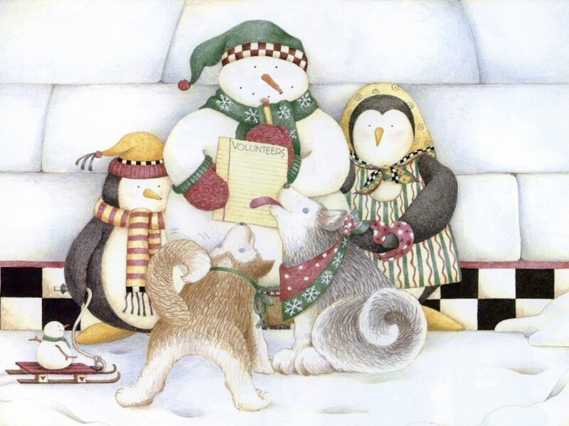 Penguins and Dogs in Snow — White