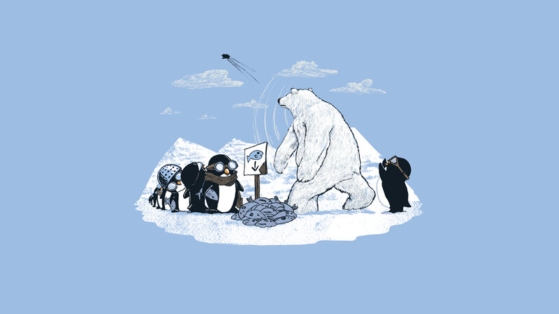 Penguins and polar bear in the snow