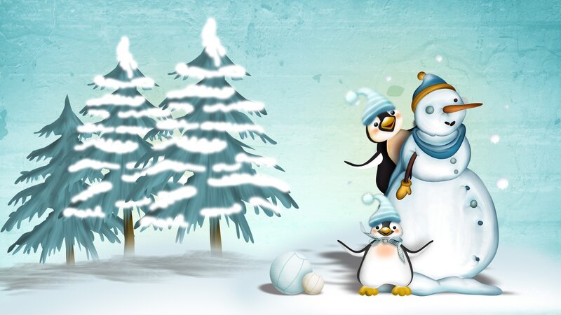 Penguins and Snowman — Blue