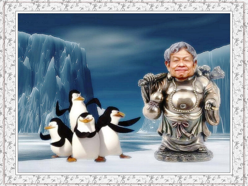 Penguins and Statue