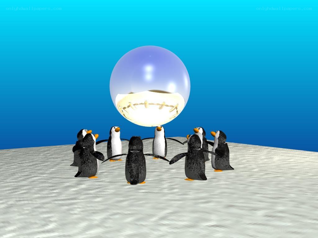 penguins around a glowing orb