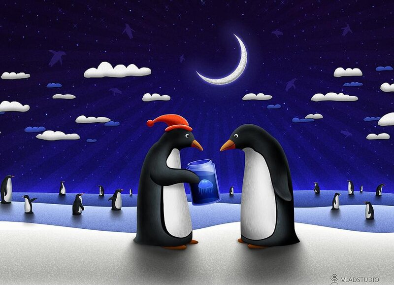 Penguins at Night — Blue