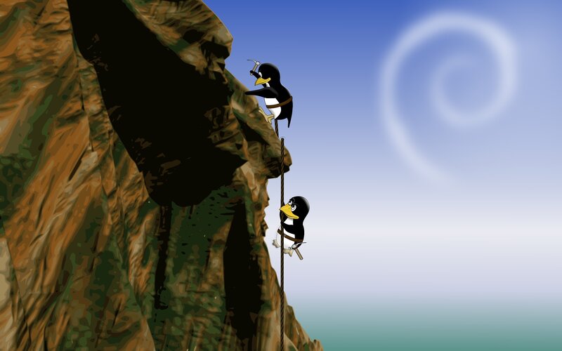 Penguins climbing a cliff