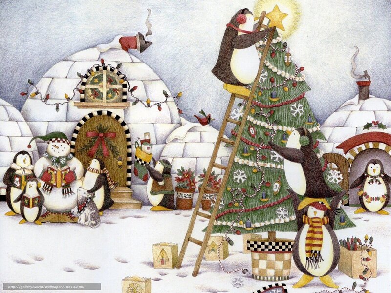Penguins decorating Christmas tree