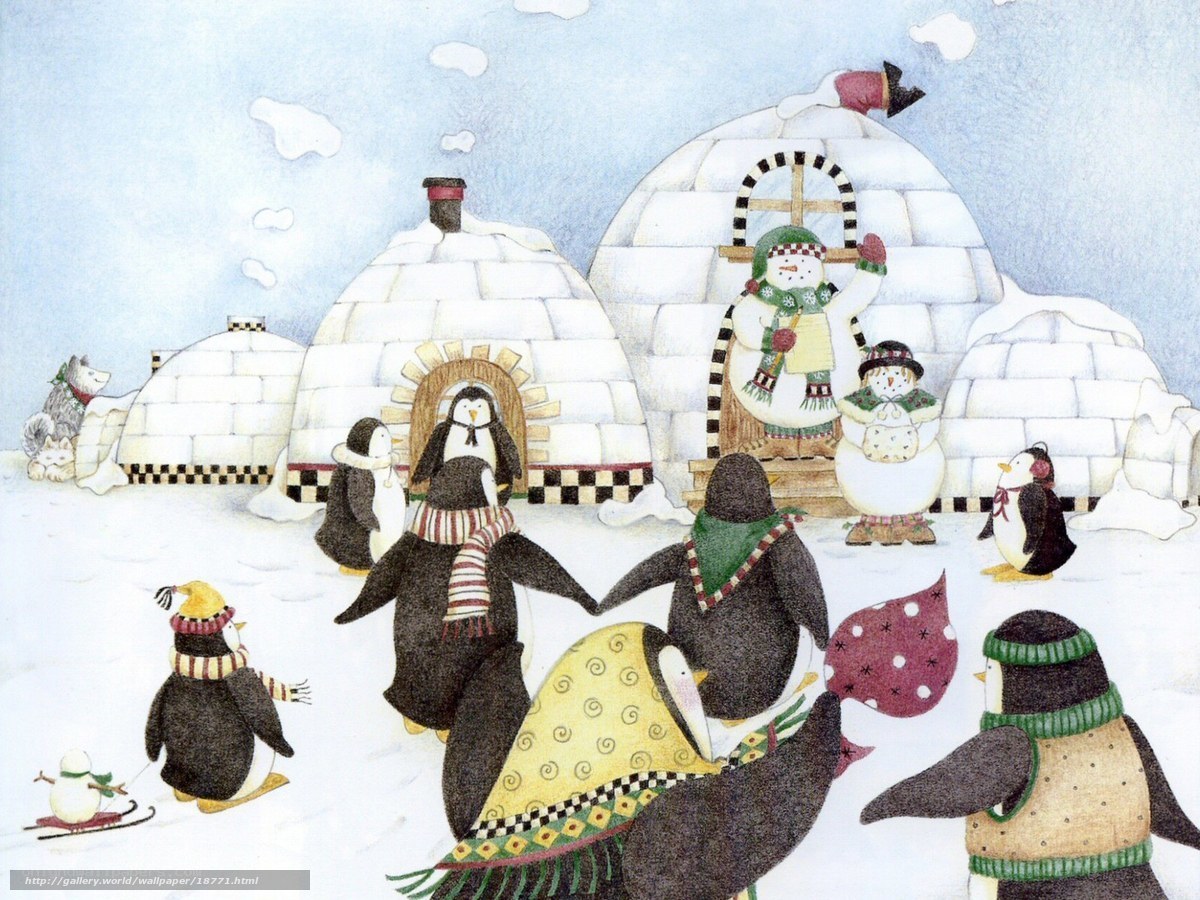 Penguins in a snowy village