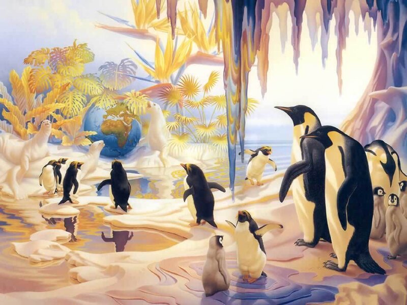 Penguins in a tropical cave