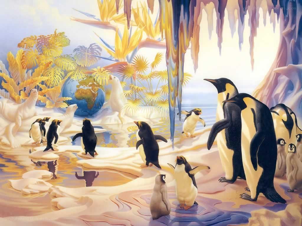 Penguins in a tropical cave