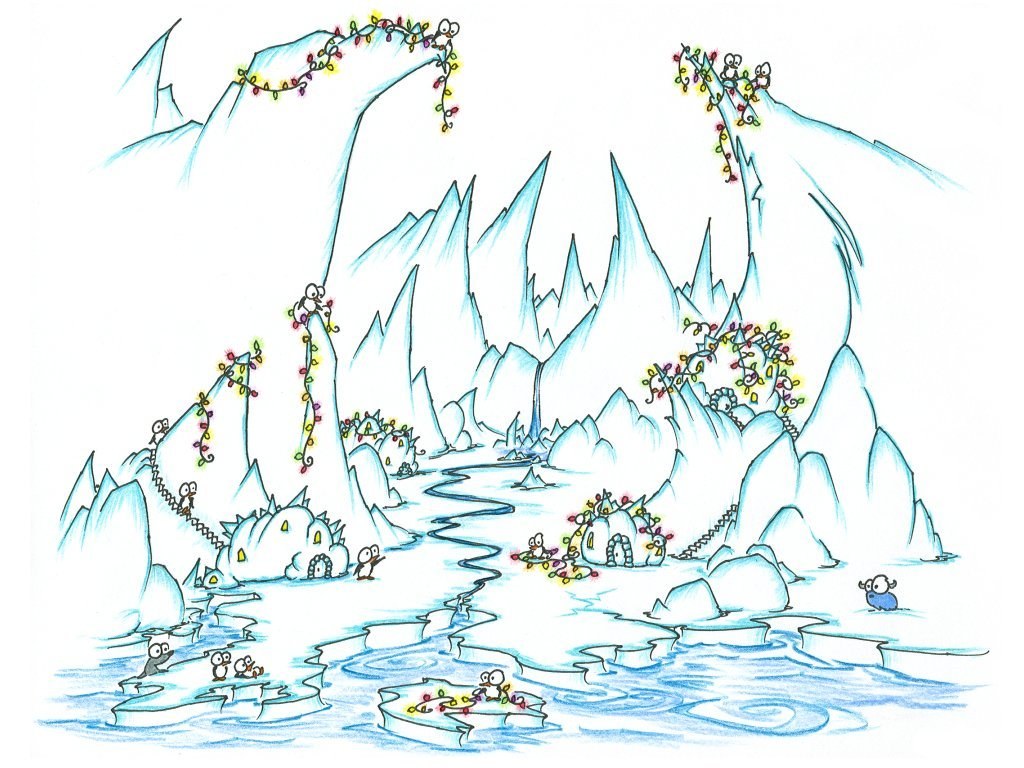 Penguins in an icy landscape