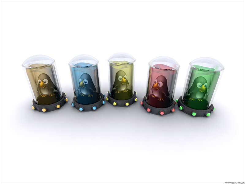 penguins in glass tubes