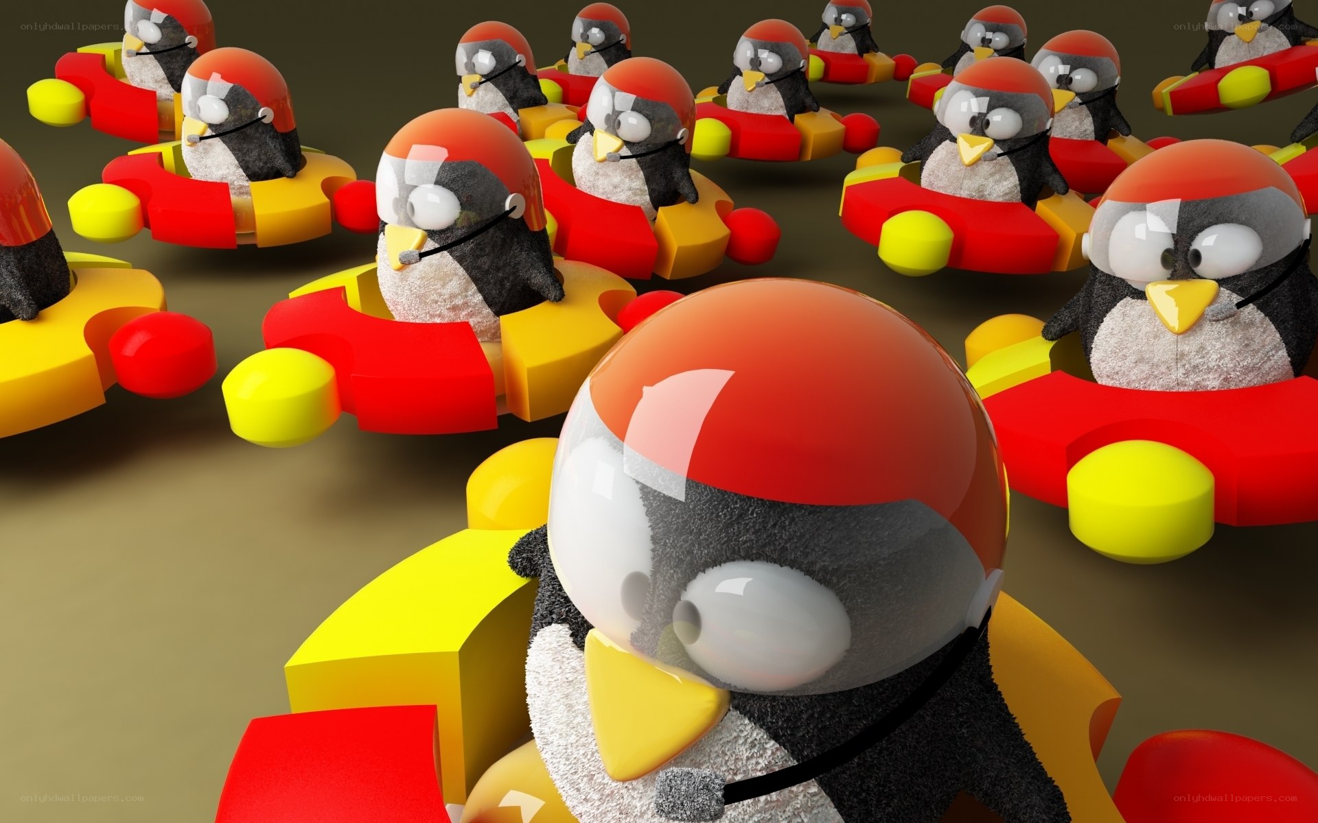 Penguins in racing helmets