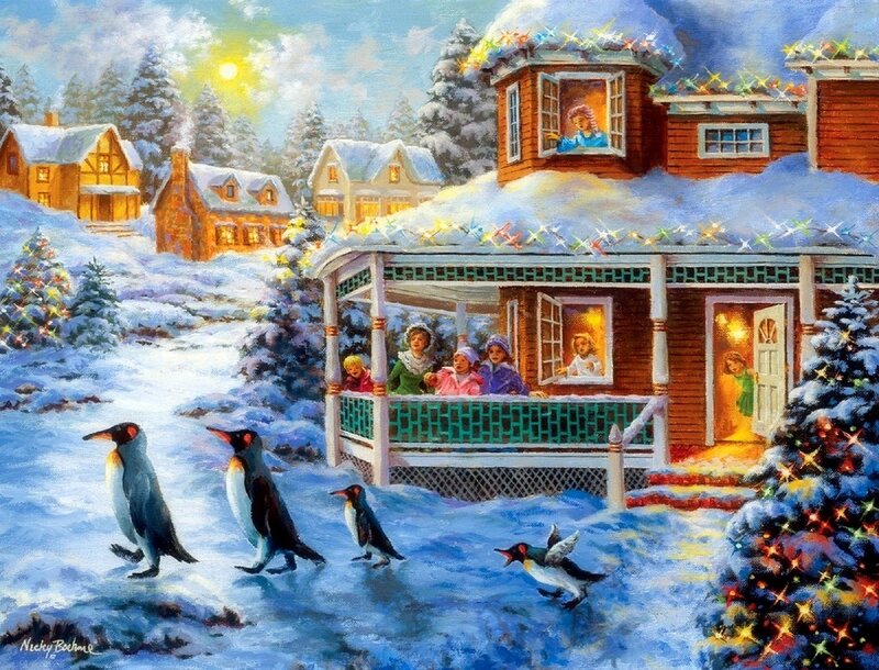Penguins in Snow — Blue, Festive