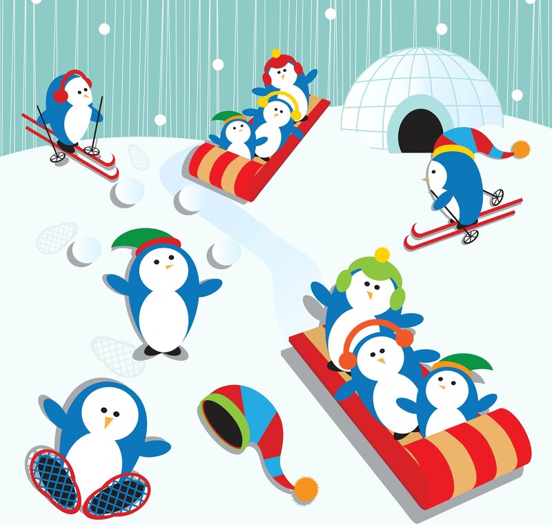 Penguins in Snow — Blue, Playful