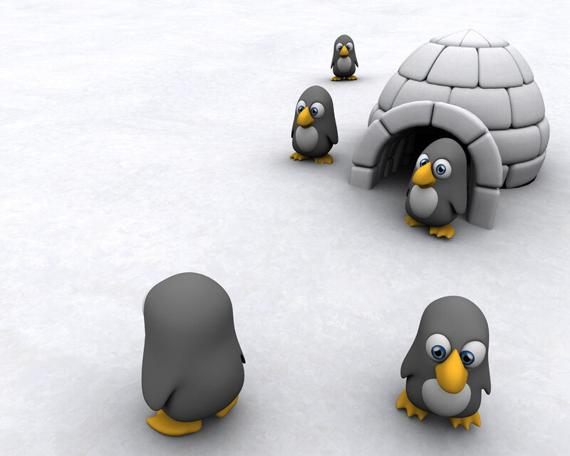 Penguins Near Igloo — Gray
