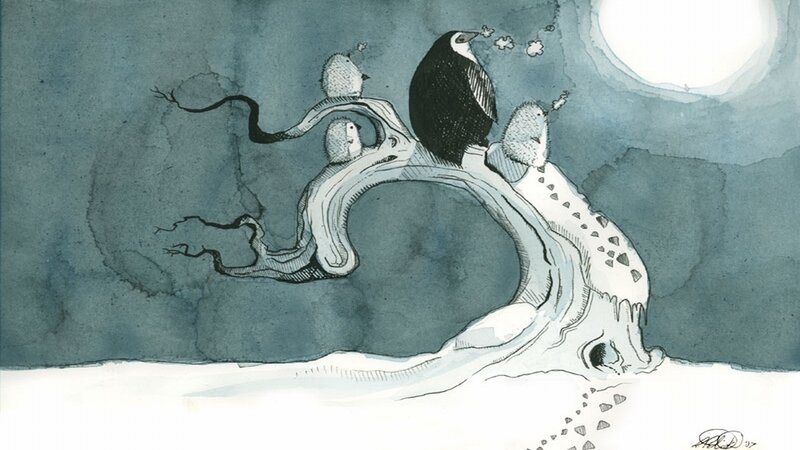 Penguins on a snowy branch