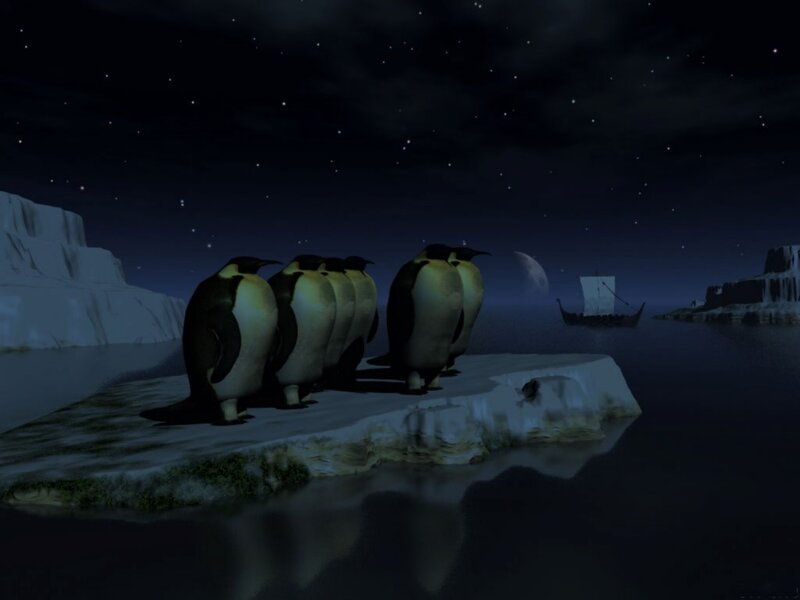 Penguins on an ice floe at night