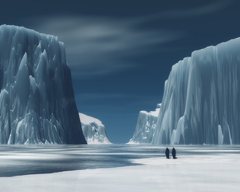 Penguins on an icy landscape