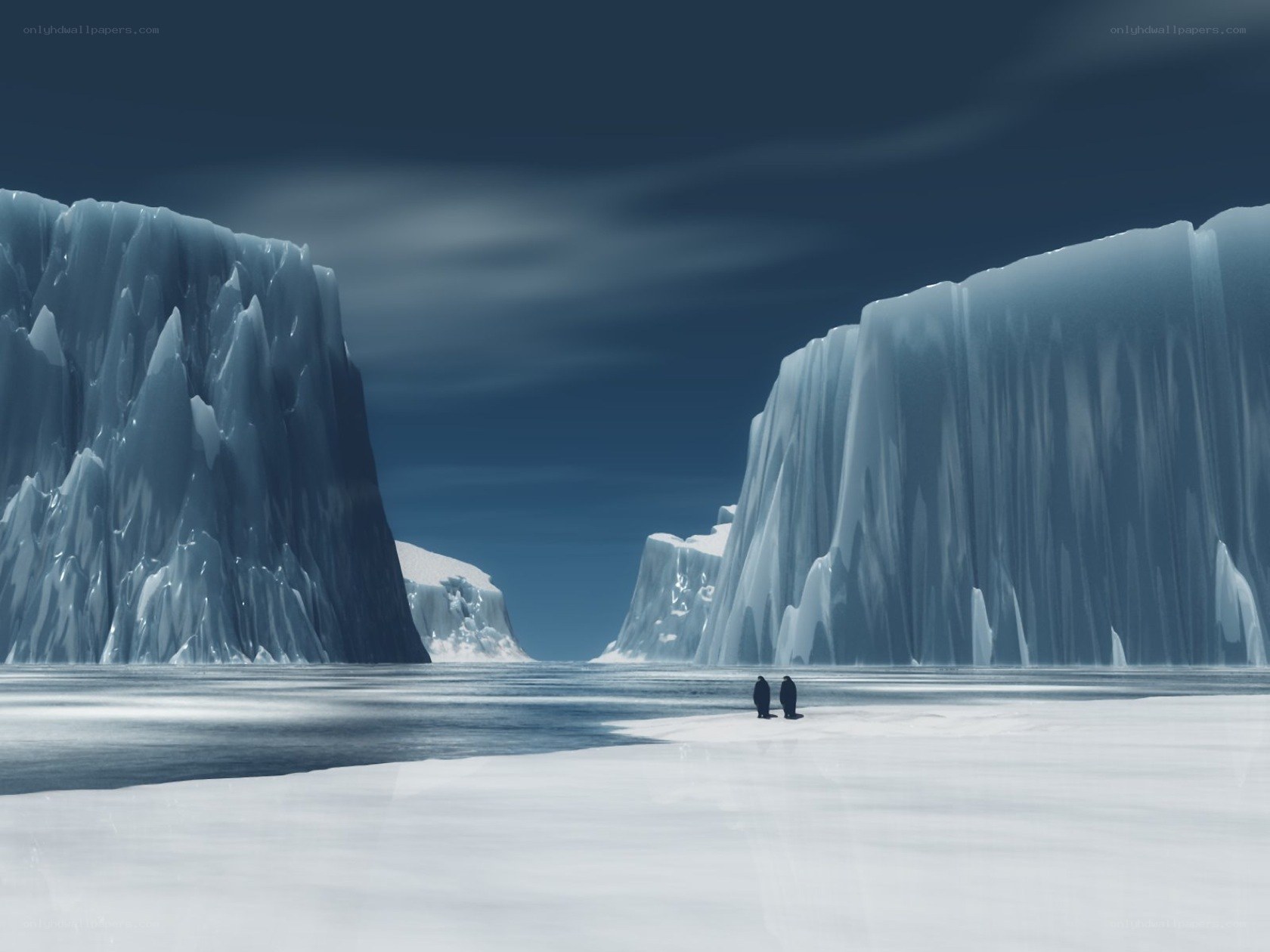 Penguins on an icy plain