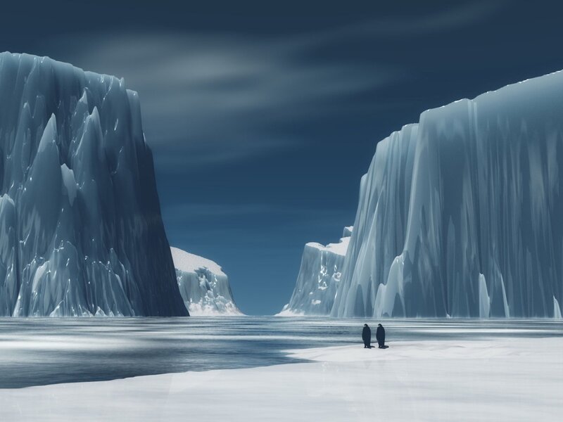Penguins on an icy plain