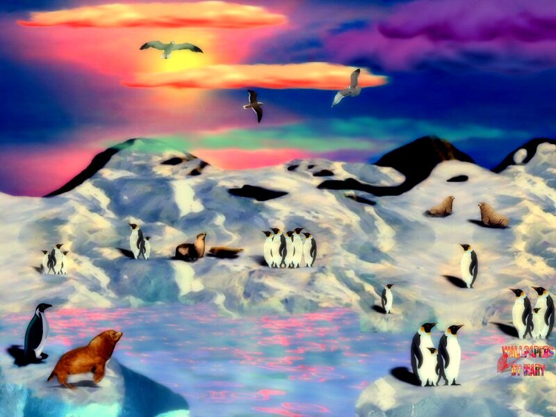Penguins on Ice — Blue, Dramatic, Sunset