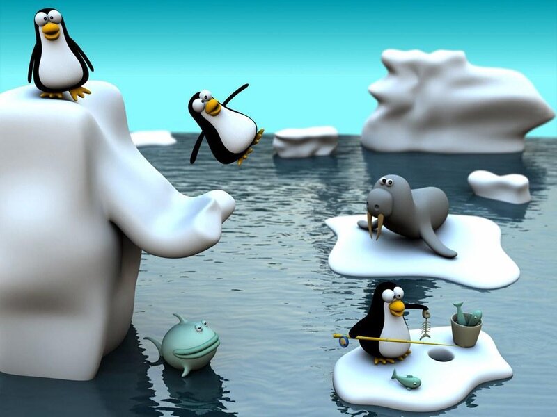 Penguins on Ice Floes — White, Playful, 3d Render